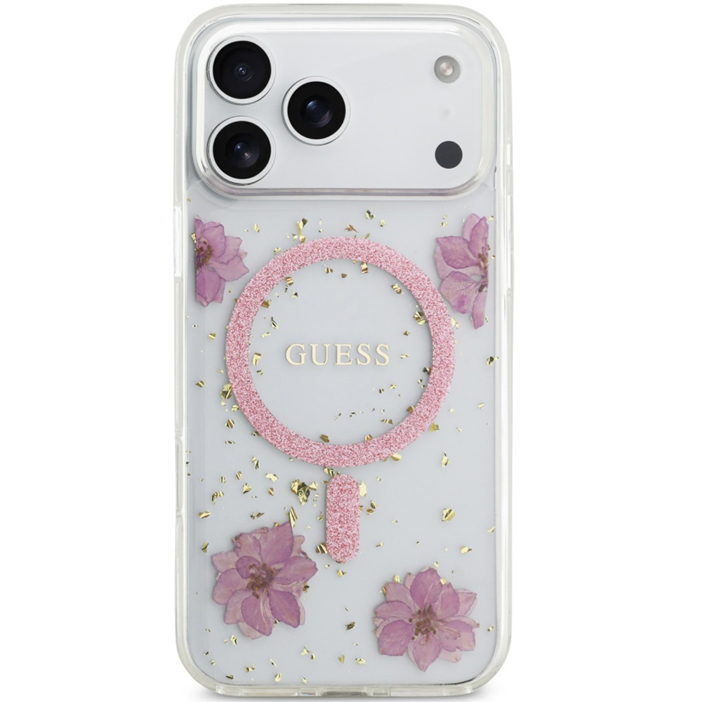 Etui Guess Resin Flowers Glitter MagSafe do iPhone 17 Pro Max, różowe z kwiecistym wzorem
